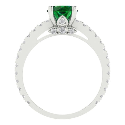 1.465 cttw Simulated Emerald Solitaire with Zirconia Simulated Diamond Accents Engagement Ring - Solid Gold (Round Cut,6.5mm)