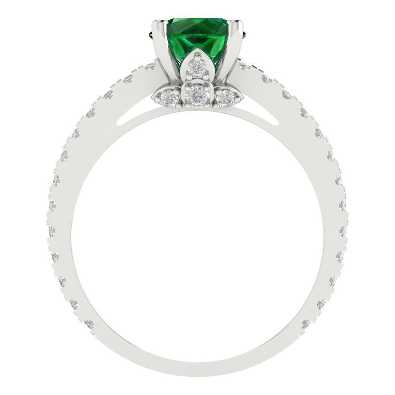 1.51 ct Brilliant Round Cut Simulated Emerald Stone White Gold Solitaire with Accents Ring