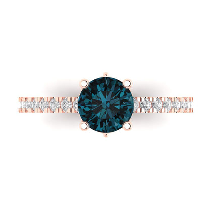 1.465 cttw Natural London Blue Topaz Solitaire with Zirconia Simulated Diamond Accents Engagement Ring - Solid Gold (Round Cut,6.5mm)