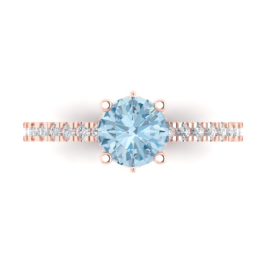 1.465 cttw Natural Aquamarine Solitaire with Zirconia Simulated Diamond Accents Engagement Ring - Solid Gold (Round Cut,6.5mm)