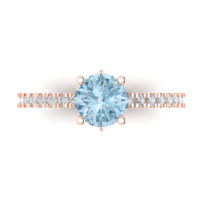 1.465 cttw Natural Aquamarine Solitaire with Zirconia Simulated Diamond Accents Engagement Ring - Solid Gold (Round Cut,6.5mm)