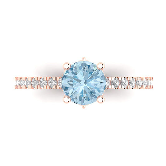 1.465 cttw Natural Aquamarine Solitaire with Zirconia Simulated Diamond Accents Engagement Ring - Solid Rose Gold (VVS1, Round Cut,6.5mm)