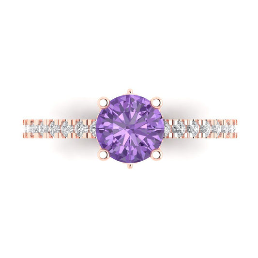 1.465 cttw Simulated Alexandrite Solitaire with Zirconia Simulated Diamond Accents Engagement Ring - Solid Rose Gold (VVS1, Round Cut,6.5mm)