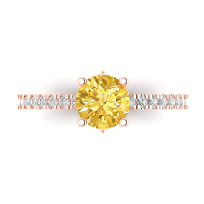 1.465 cttw Natural Citrine Solitaire with Zirconia Simulated Diamond Accents Engagement Ring - Solid Gold (Round Cut,6.5mm)