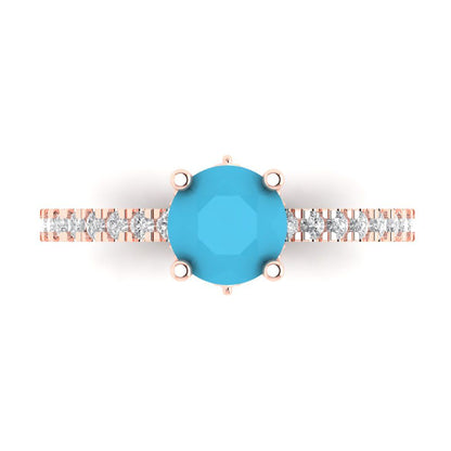 1.465 cttw Simulated Turquoise Solitaire with Zirconia Simulated Diamond Accents Engagement Ring - Solid Gold (Round Cut,6.5mm)