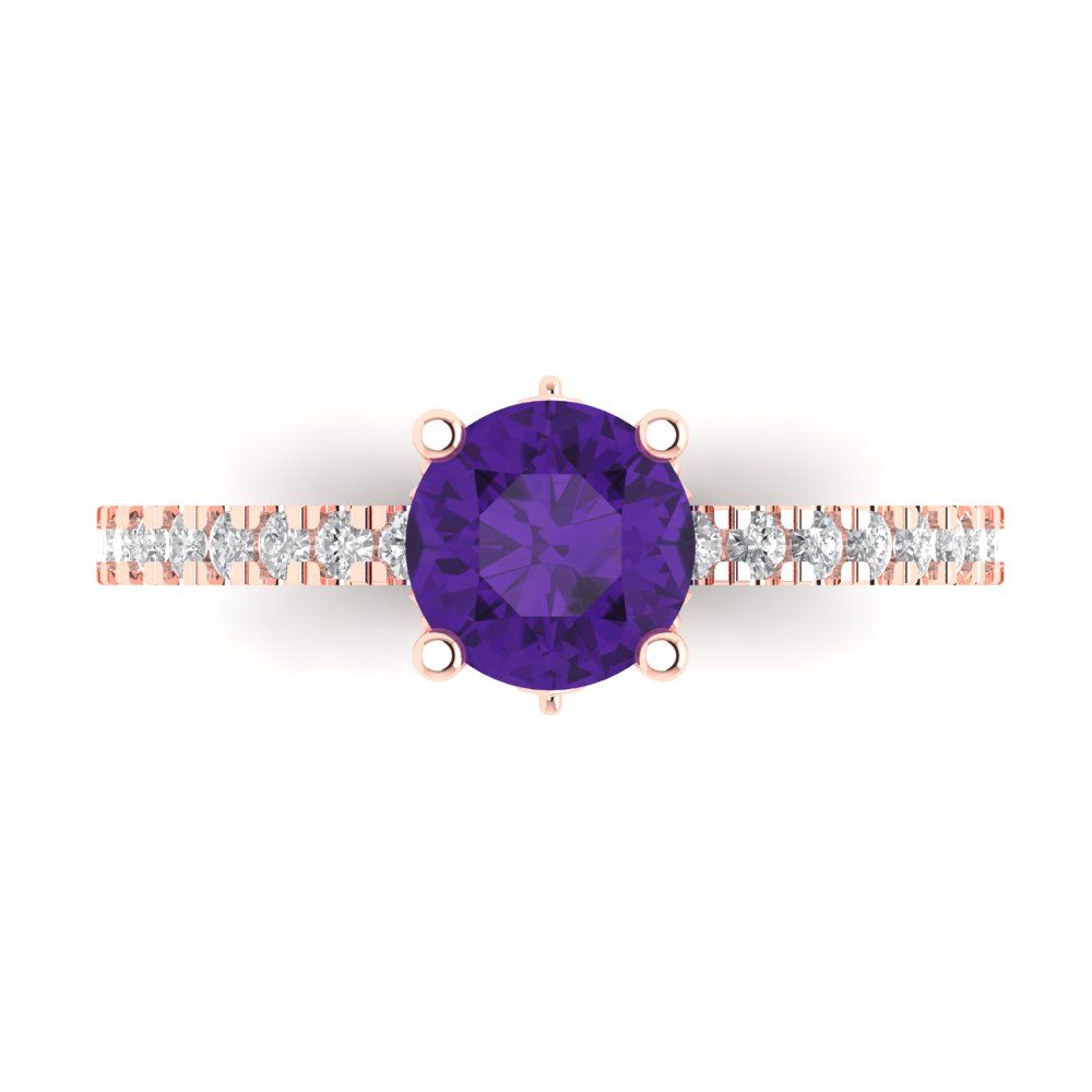 1.465 cttw Natural Amethyst Solitaire with Zirconia Simulated Diamond Accents Engagement Ring - Solid Gold (Round Cut,6.5mm)