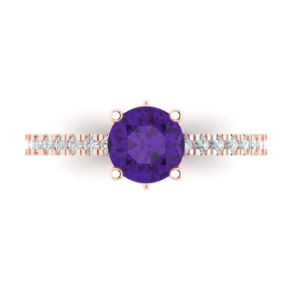 1.465 cttw Natural Amethyst Solitaire with Zirconia Simulated Diamond Accents Engagement Ring - Solid Gold (Round Cut,6.5mm)