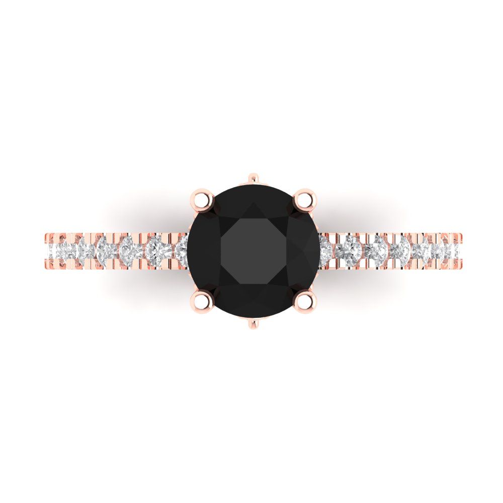 1.465 cttw Natural Onyx Solitaire with Zirconia Simulated Diamond Accents Engagement Ring - Solid Gold (Round Cut,6.5mm)