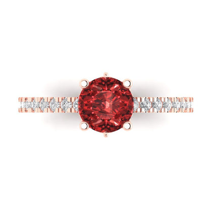 1.465 cttw Natural Garnet Solitaire with Zirconia Simulated Diamond Accents Engagement Ring - Solid Gold (Round Cut,6.5mm)