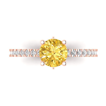 1.465 cttw Zirconia Simulated Yellow Diamond Solitaire with Zirconia Simulated Diamond Accents Engagement Ring - Solid Gold (VVS1, Round Cut,6.5mm)