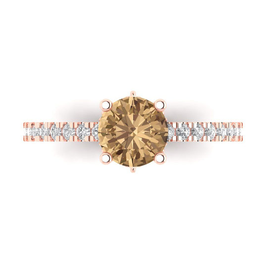 1.465 cttw Zirconia Simulated Champagne Diamond Solitaire with Zirconia Simulated Diamond Accents Engagement Ring - Solid Rose Gold (VVS1, Round Cut,6.5mm)