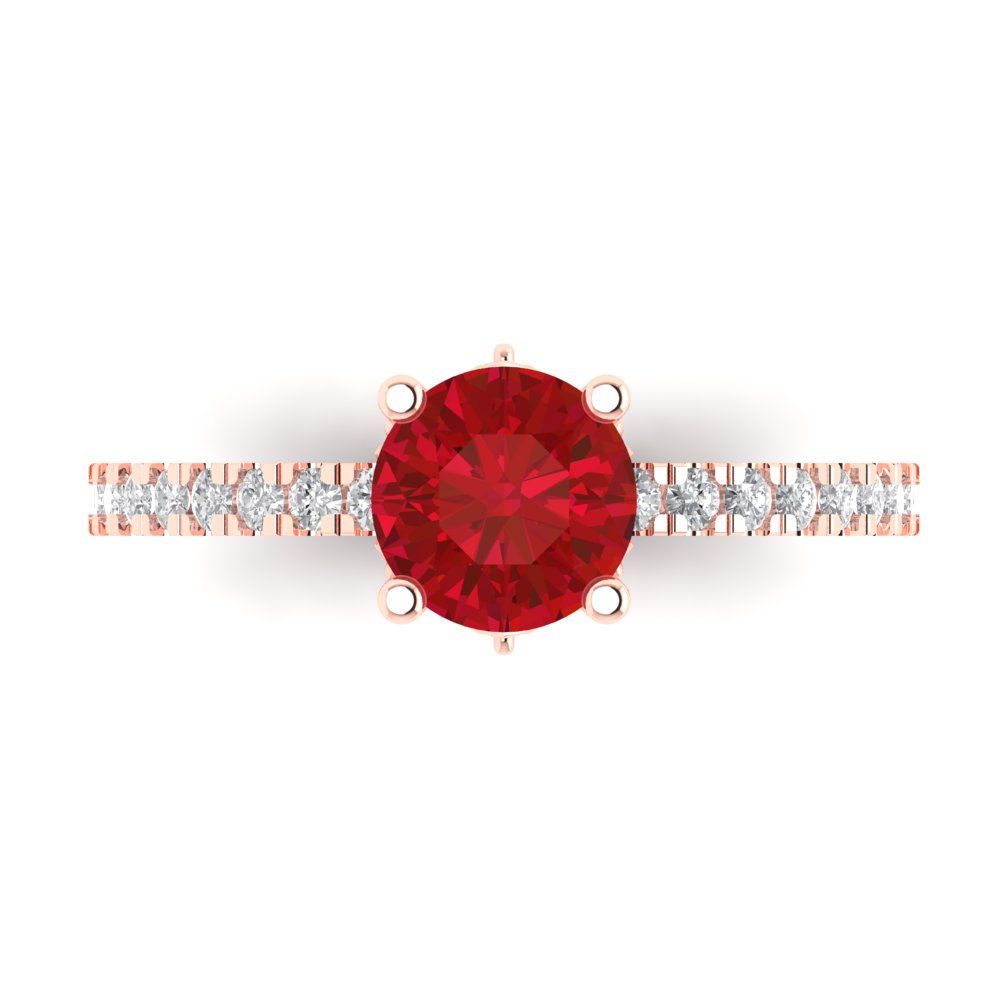 1.465 cttw Simulated Ruby Solitaire with Zirconia Simulated Diamond Accents Engagement Ring - Solid Rose Gold (VVS1, Round Cut,6.5mm)