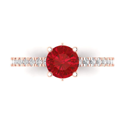 1.465 cttw Simulated Ruby Solitaire with Zirconia Simulated Diamond Accents Engagement Ring - Solid Rose Gold (VVS1, Round Cut,6.5mm)
