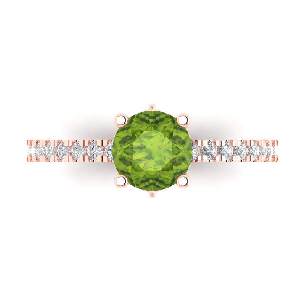 1.465 cttw Natural Peridot Solitaire with Zirconia Simulated Diamond Accents Engagement Ring - Solid Gold (Round Cut,6.5mm)