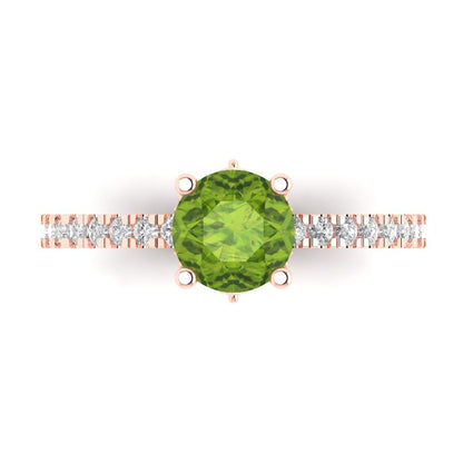 1.465 cttw Natural Peridot Solitaire with Zirconia Simulated Diamond Accents Engagement Ring - Solid Gold (Round Cut,6.5mm)