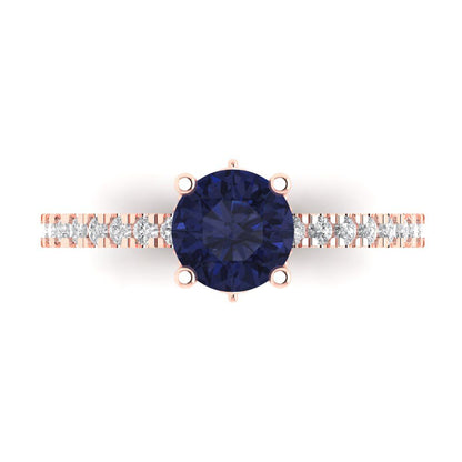 1.465 cttw Simulated Blue Sapphire Solitaire with Zirconia Simulated Diamond Accents Engagement Ring - Solid Gold (Round Cut,6.5mm)