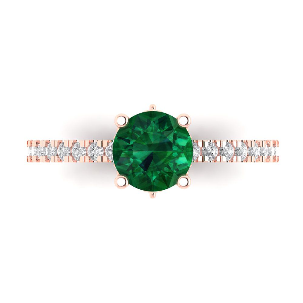 1.465 cttw Simulated Emerald Solitaire with Zirconia Simulated Diamond Accents Engagement Ring - Solid Gold (Round Cut,6.5mm)