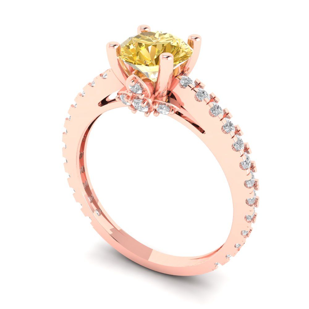 1.465 cttw Zirconia Simulated Yellow Diamond Solitaire with Zirconia Simulated Diamond Accents Engagement Ring - Solid Gold (VVS1, Round Cut,6.5mm)