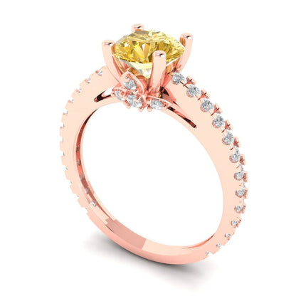 1.465 cttw Zirconia Simulated Yellow Diamond Solitaire with Zirconia Simulated Diamond Accents Engagement Ring - Solid Gold (VVS1, Round Cut,6.5mm)