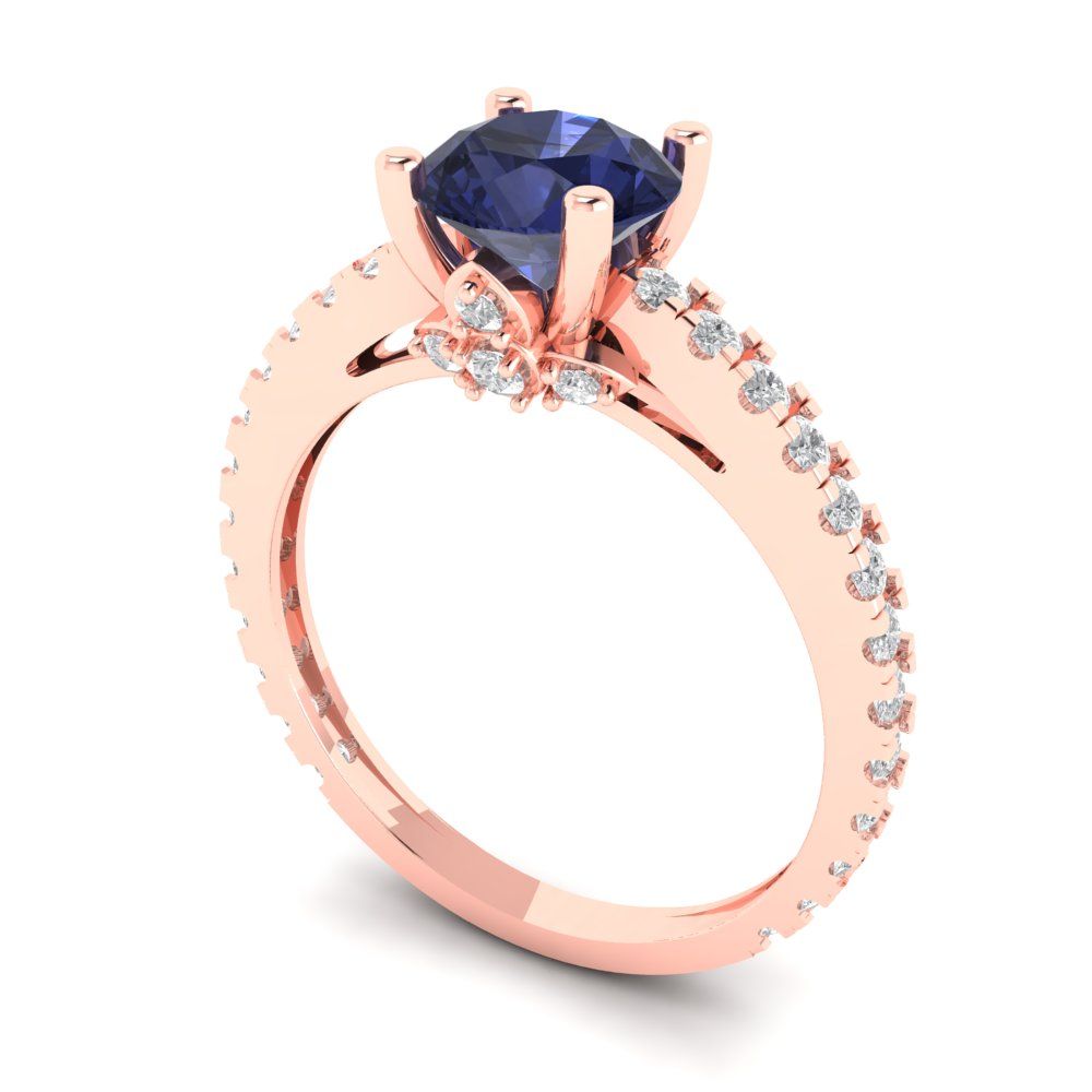 1.465 cttw Simulated Blue Sapphire Solitaire with Zirconia Simulated Diamond Accents Engagement Ring - Solid Gold (Round Cut,6.5mm)