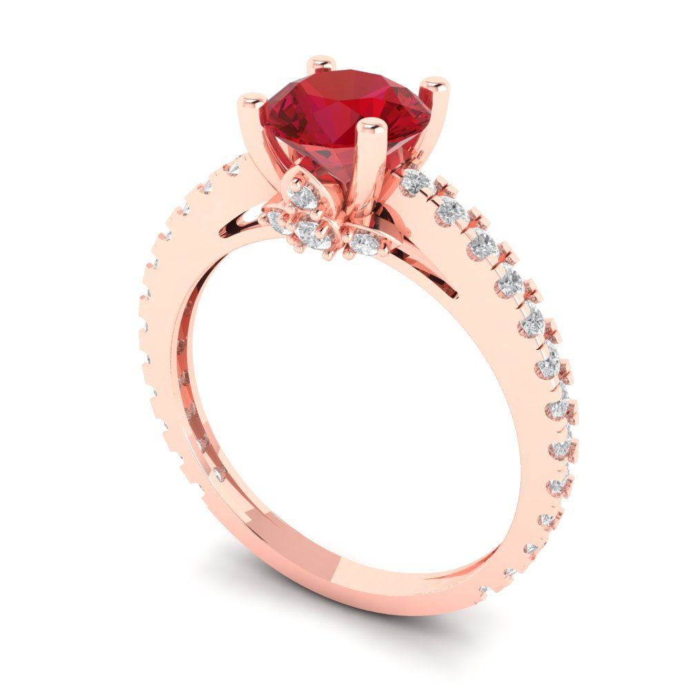 1.465 cttw Simulated Ruby Solitaire with Zirconia Simulated Diamond Accents Engagement Ring - Solid Rose Gold (VVS1, Round Cut,6.5mm)