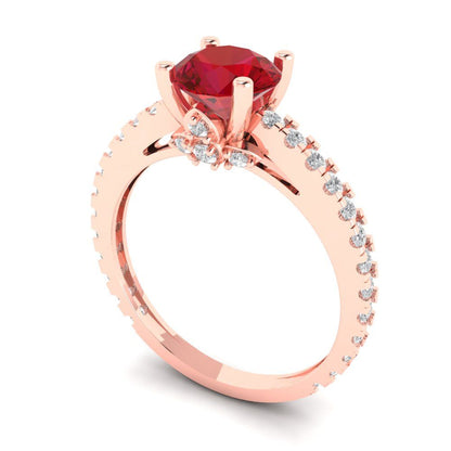 1.465 cttw Simulated Ruby Solitaire with Zirconia Simulated Diamond Accents Engagement Ring - Solid Rose Gold (VVS1, Round Cut,6.5mm)