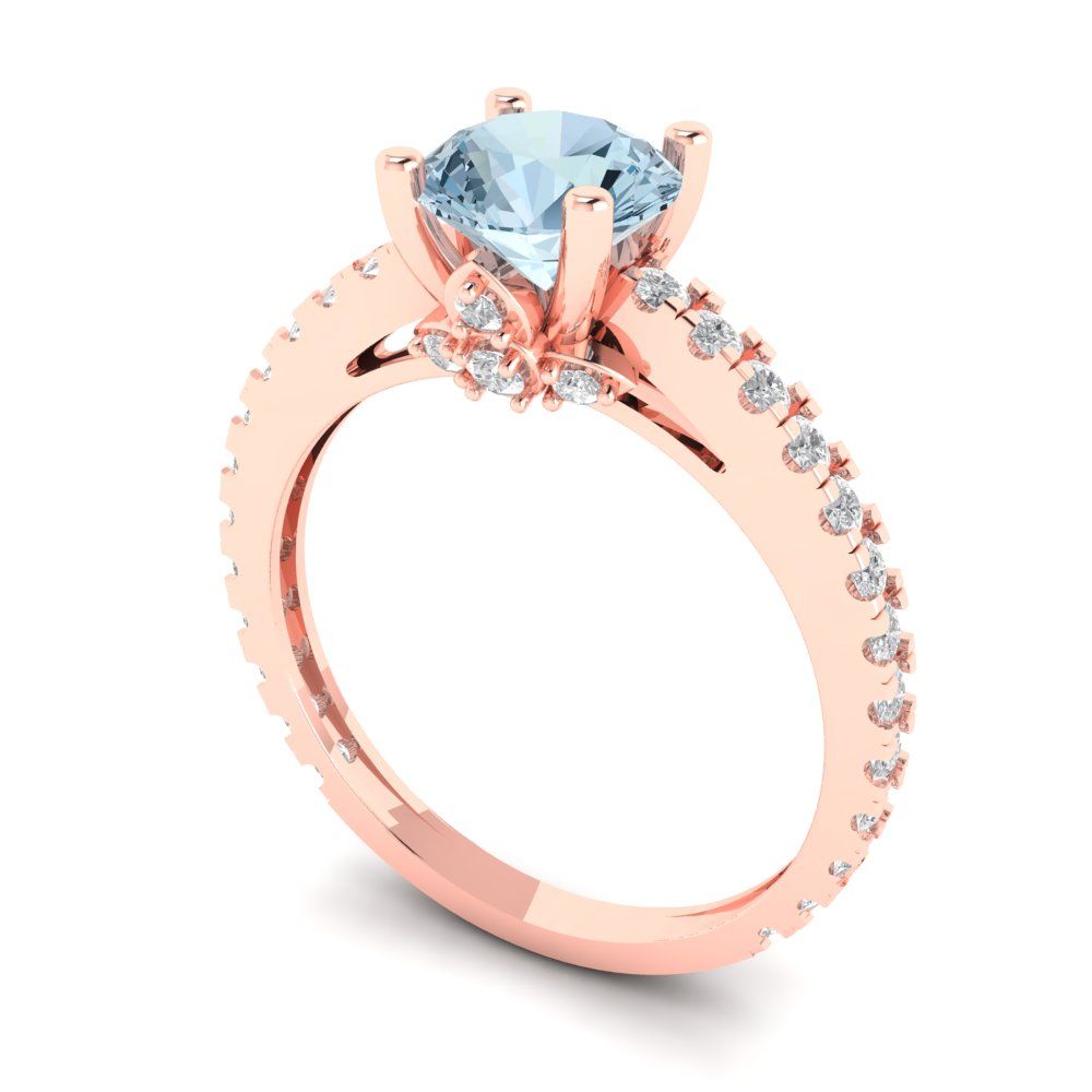 1.465 cttw Natural Sky Blue Topaz Solitaire with Zirconia Simulated Diamond Accents Engagement Ring - Solid Gold (Round Cut,6.5mm)