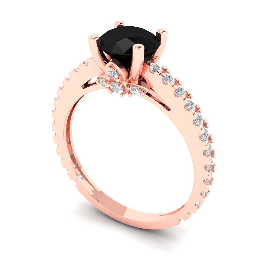 1.465 cttw Natural Onyx Solitaire with Zirconia Simulated Diamond Accents Engagement Ring - Solid Gold (Round Cut,6.5mm)