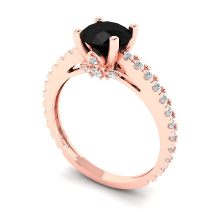 1.465 cttw Natural Onyx Solitaire with Zirconia Simulated Diamond Accents Engagement Ring - Solid Gold (Round Cut,6.5mm)