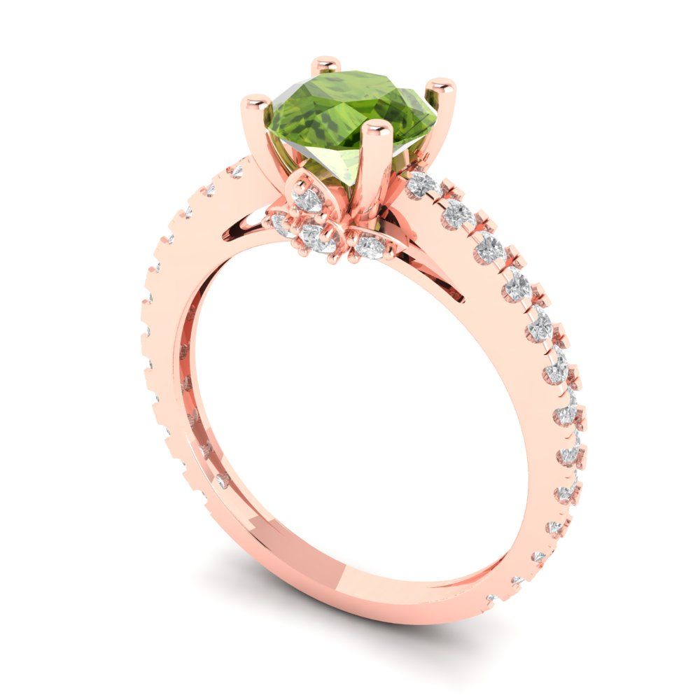 1.465 cttw Natural Peridot Solitaire with Zirconia Simulated Diamond Accents Engagement Ring - Solid Gold (Round Cut,6.5mm)