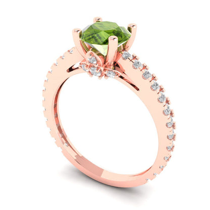 1.465 cttw Natural Peridot Solitaire with Zirconia Simulated Diamond Accents Engagement Ring - Solid Gold (Round Cut,6.5mm)