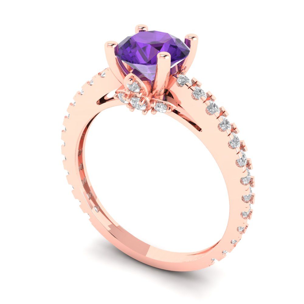 1.465 cttw Natural Amethyst Solitaire with Zirconia Simulated Diamond Accents Engagement Ring - Solid Gold (Round Cut,6.5mm)