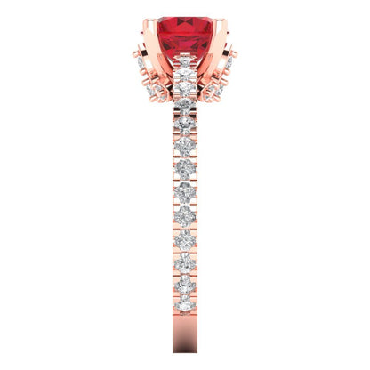 1.465 cttw Simulated Ruby Solitaire with Zirconia Simulated Diamond Accents Engagement Ring - Solid Rose Gold (VVS1, Round Cut,6.5mm)