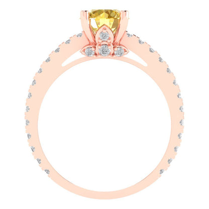 1.465 cttw Zirconia Simulated Yellow Diamond Solitaire with Zirconia Simulated Diamond Accents Engagement Ring - Solid Gold (VVS1, Round Cut,6.5mm)