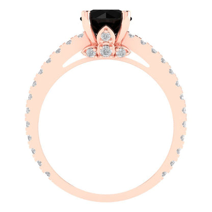 1.465 cttw Natural Onyx Solitaire with Zirconia Simulated Diamond Accents Engagement Ring - Solid Gold (Round Cut,6.5mm)