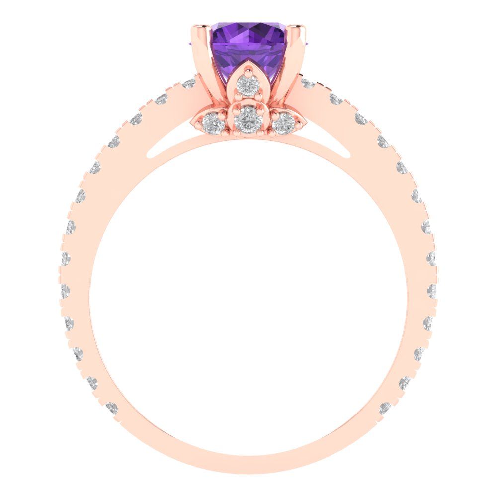 1.465 cttw Natural Amethyst Solitaire with Zirconia Simulated Diamond Accents Engagement Ring - Solid Gold (Round Cut,6.5mm)