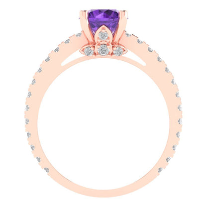 1.465 cttw Natural Amethyst Solitaire with Zirconia Simulated Diamond Accents Engagement Ring - Solid Gold (Round Cut,6.5mm)