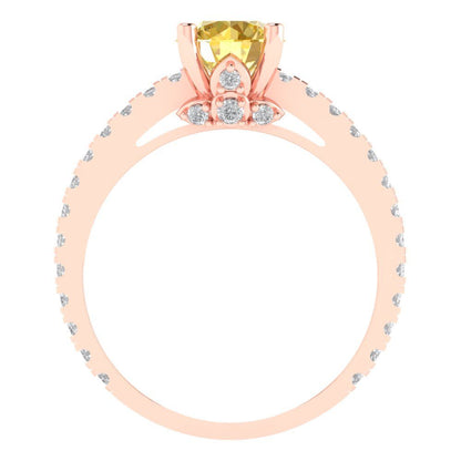 1.465 cttw Natural Citrine Solitaire with Zirconia Simulated Diamond Accents Engagement Ring - Solid Gold (Round Cut,6.5mm)