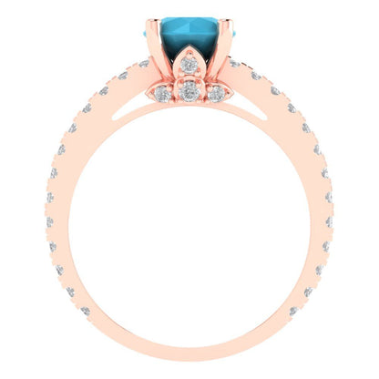 1.465 cttw Simulated Turquoise Solitaire with Zirconia Simulated Diamond Accents Engagement Ring - Solid Gold (Round Cut,6.5mm)