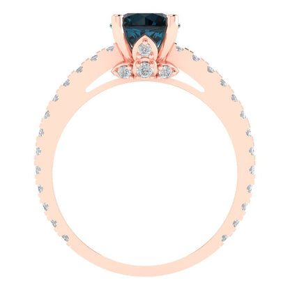 1.465 cttw Natural London Blue Topaz Solitaire with Zirconia Simulated Diamond Accents Engagement Ring - Solid Gold (Round Cut,6.5mm)