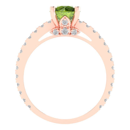 1.465 cttw Natural Peridot Solitaire with Zirconia Simulated Diamond Accents Engagement Ring - Solid Gold (Round Cut,6.5mm)