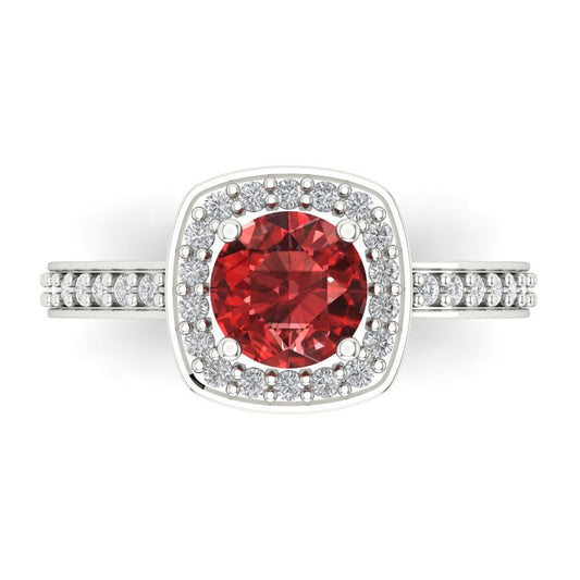 1.335 cttw Natural Garnet Solitaire with Zirconia Simulated Diamond Accents Engagement Ring - Solid White Gold (VVS1, Round Cut,6.5mm)