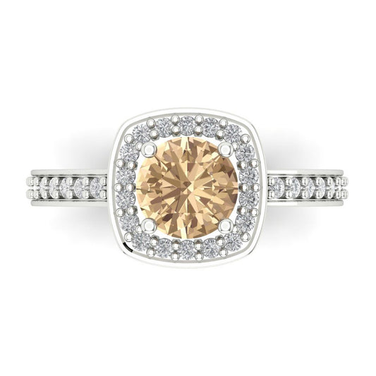 1.335 cttw Yellow Moissanite Solitaire with Zirconia Simulated Diamond Accents Engagement Ring - Solid White Gold (VVS1, Round Cut,6.5mm)