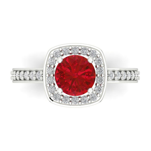 1.335 cttw Simulated Ruby Solitaire with Zirconia Simulated Diamond Accents Engagement Ring - Solid White Gold (VVS1, Round Cut,6.5mm)