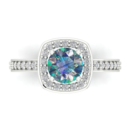 1.335 cttw Blue Moissanite Solitaire with Zirconia Simulated Diamond Accents Engagement Ring - Solid White Gold (VVS1, Round Cut,6.5mm)