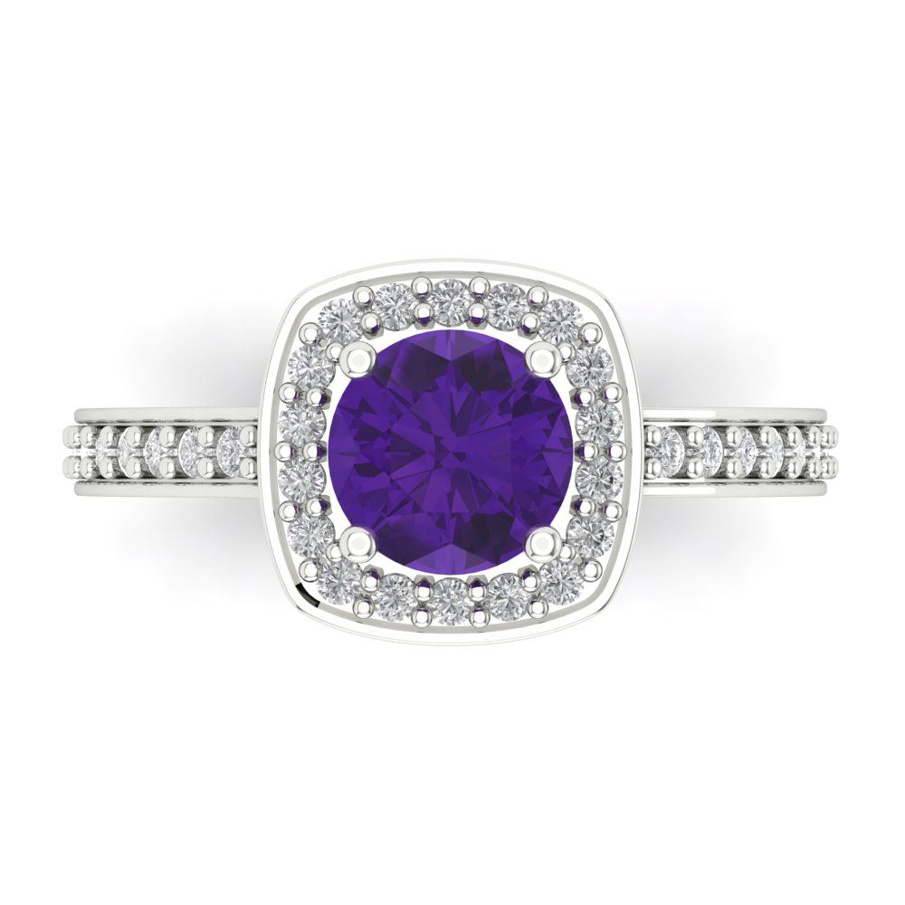 1.335 cttw Natural Amethyst Solitaire with Zirconia Simulated Diamond Accents Engagement Ring - Solid Gold (Round Cut,6.5mm)
