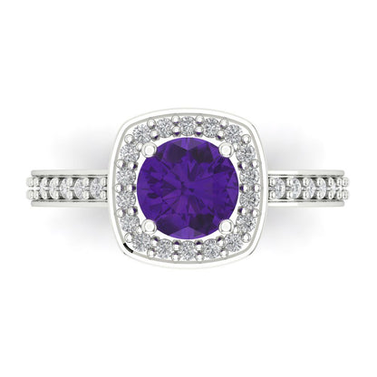 1.335 cttw Natural Amethyst Solitaire with Zirconia Simulated Diamond Accents Engagement Ring - Solid Gold (Round Cut,6.5mm)