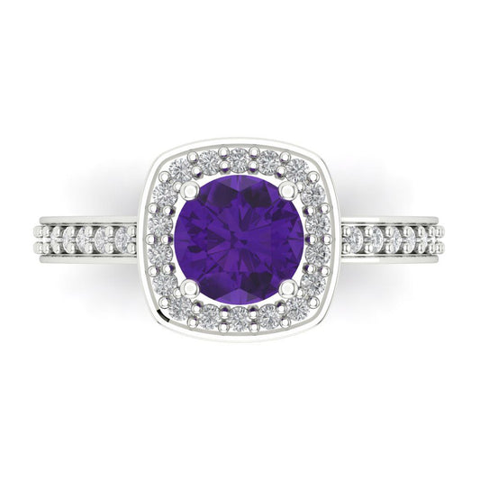 1.335 cttw Natural Amethyst Solitaire with Zirconia Simulated Diamond Accents Engagement Ring - Solid White Gold (VVS1, Round Cut,6.5mm)