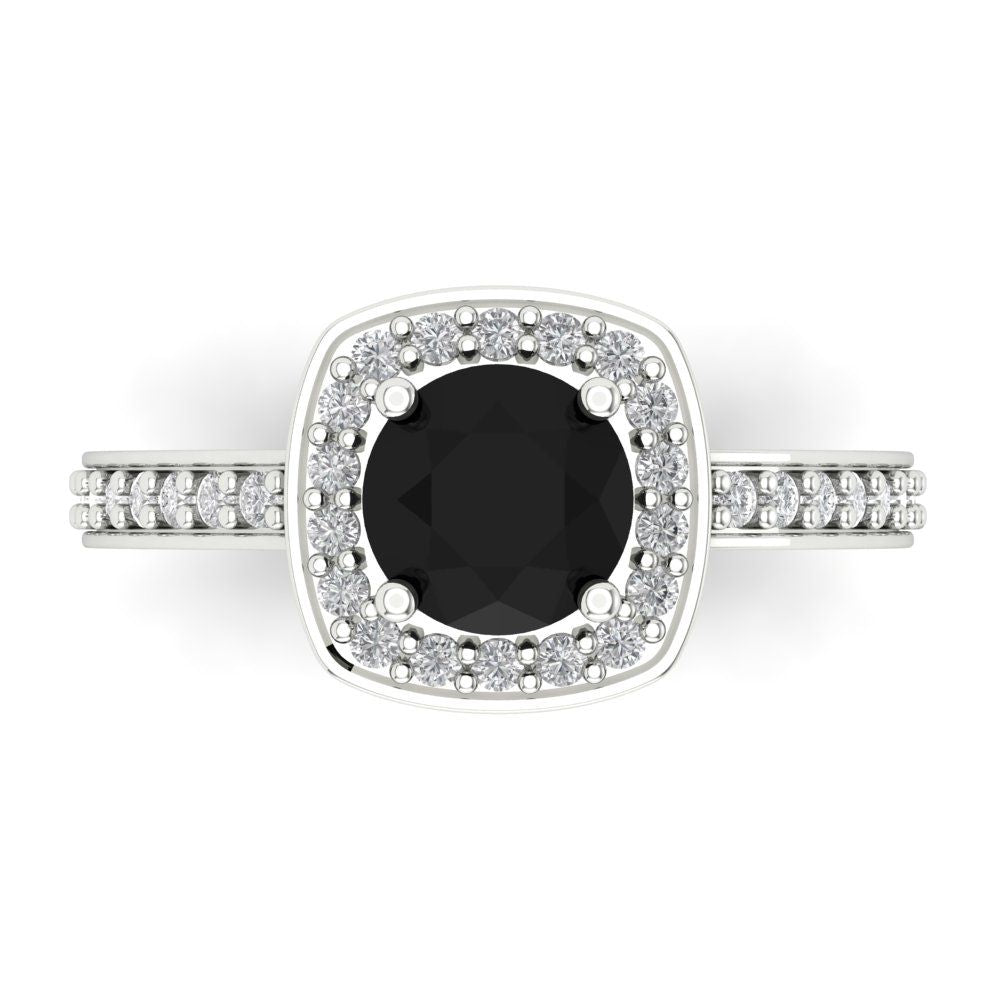1.335 cttw Natural Onyx Solitaire with Zirconia Simulated Diamond Accents Engagement Ring - Solid Gold (Round Cut,6.5mm)