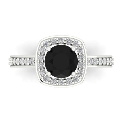 1.335 cttw Natural Onyx Solitaire with Zirconia Simulated Diamond Accents Engagement Ring - Solid Gold (Round Cut,6.5mm)